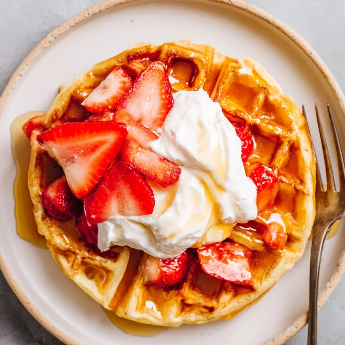 Strawberry Waffles Recipe fresh from waffle iron, steam rising, maple syrup drizzle
