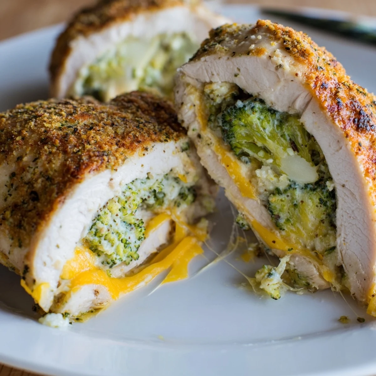 Oven-baked Broccoli Cheese Stuffed Chicken Breast resting, juicy center, served with salad.