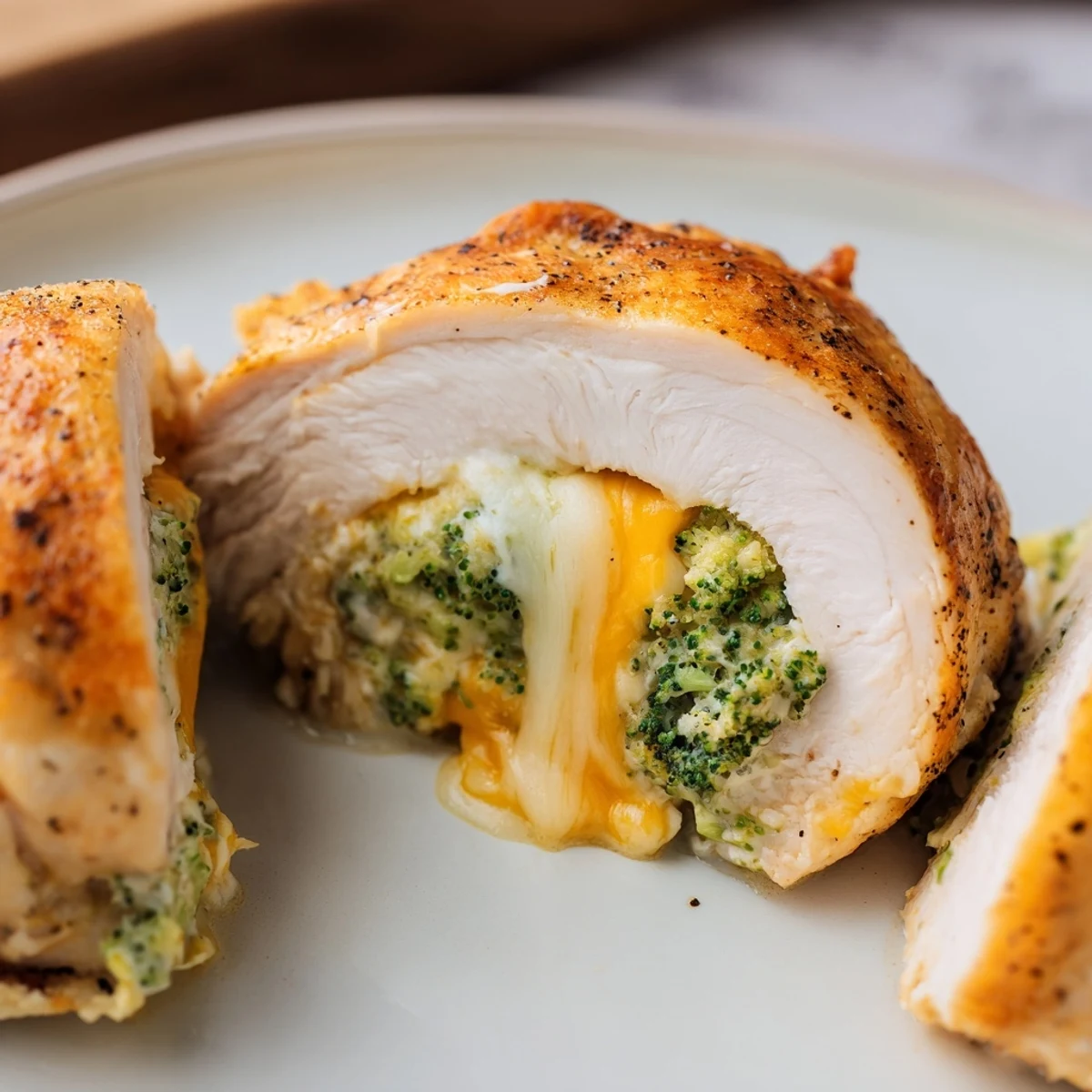 Sliced Broccoli Cheese Stuffed Chicken Breast showing creamy broccoli-cheese filling, melted cheese.