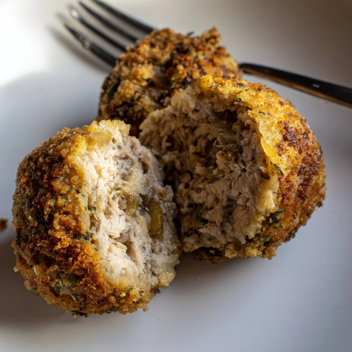 Crispy exterior, tender inside Sage Onion Chicken Balls served with honey mustard  