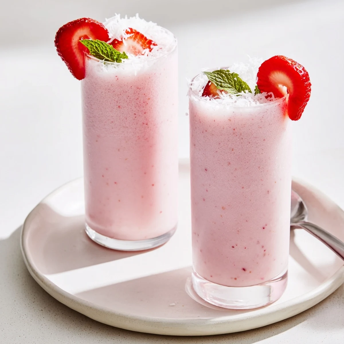 Frothy Strawberry Coconut Cooler Recipe blended with crushed ice, bright lime