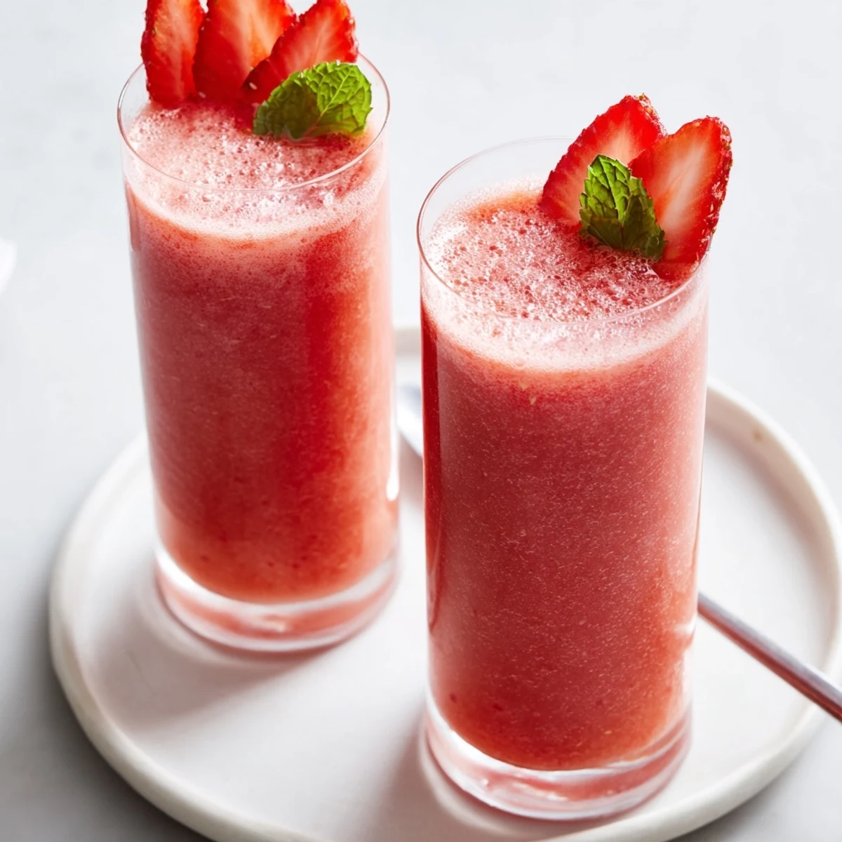 Chilled Strawberry Coconut Cooler Recipe in tall glass with mint garnish