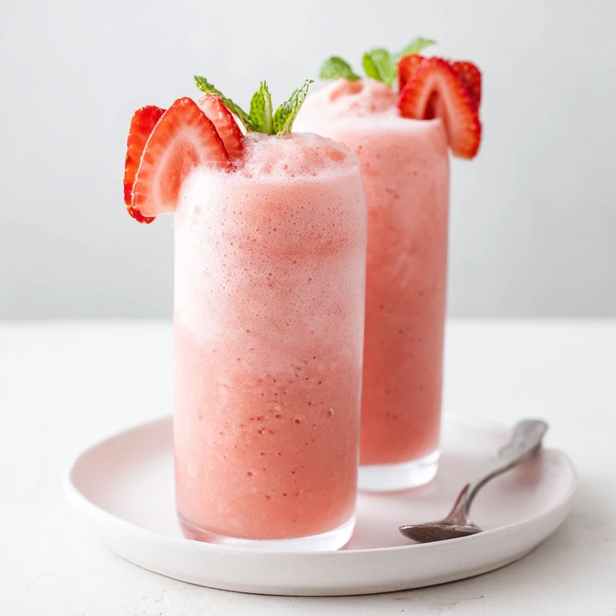 Creamy pink Strawberry Coconut Cooler Recipe served chilled with strawberry slices