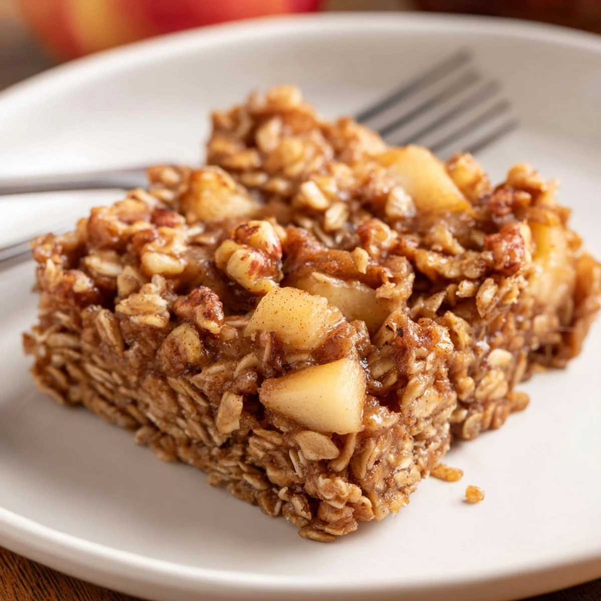 Warm Apple Cinnamon Oatmeal Bake steaming in dish, studded with apples.