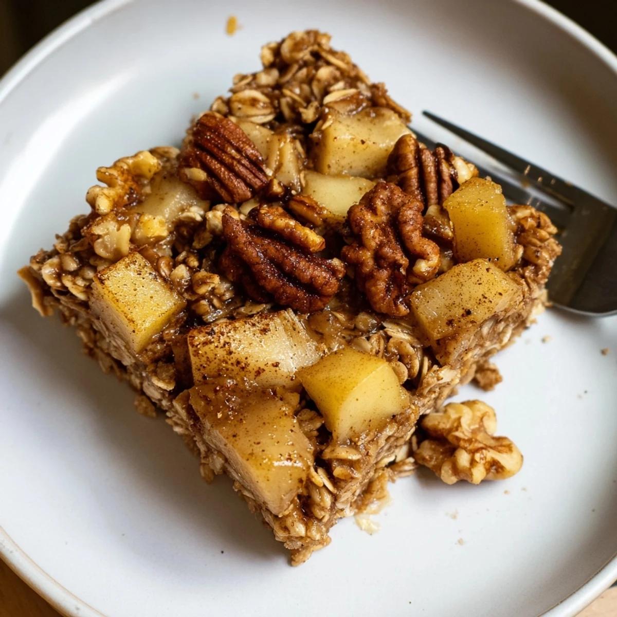 Slice of Apple Cinnamon Oatmeal Bake topped with yogurt and maple.