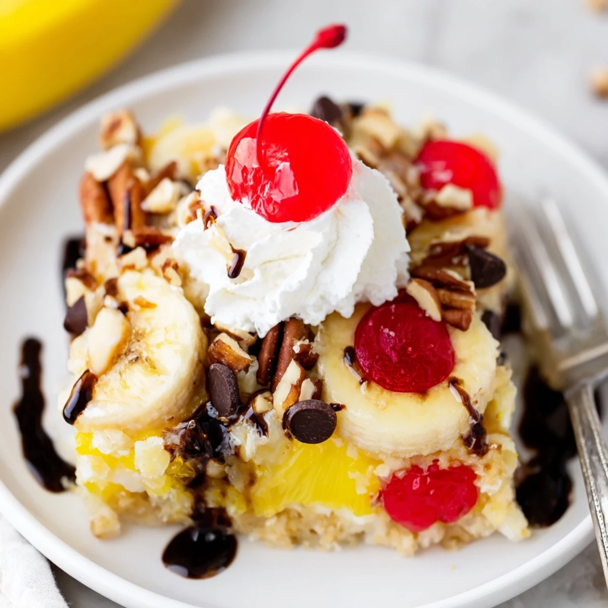 Warm Banana Split Dump Cake bubbling, golden edges, topped with whipped cream