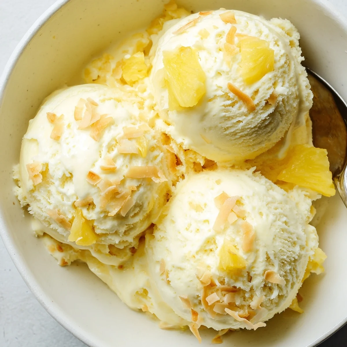 Creamy Pineapple Ice Cream spoonful glistening with syrupy juice, chilled summer treat