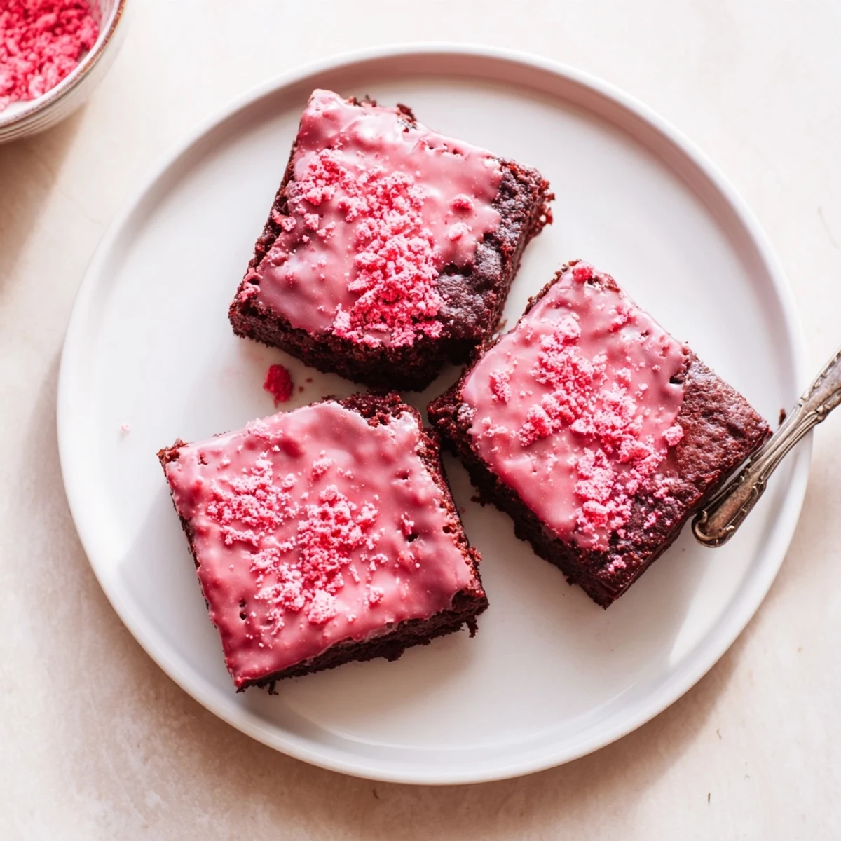 Strawberry Brownies Recipe: fudgy squares glazed with bright strawberry glaze, sliced.
