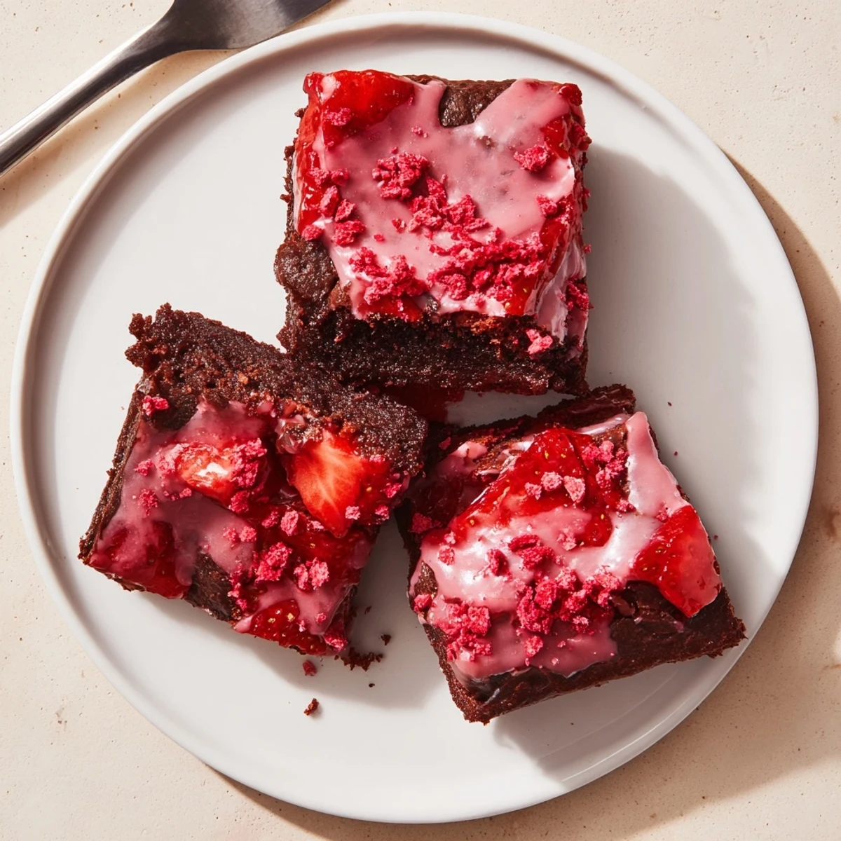 Plated Strawberry Brownies Recipe with whipped cream and fresh berries, spring ready.