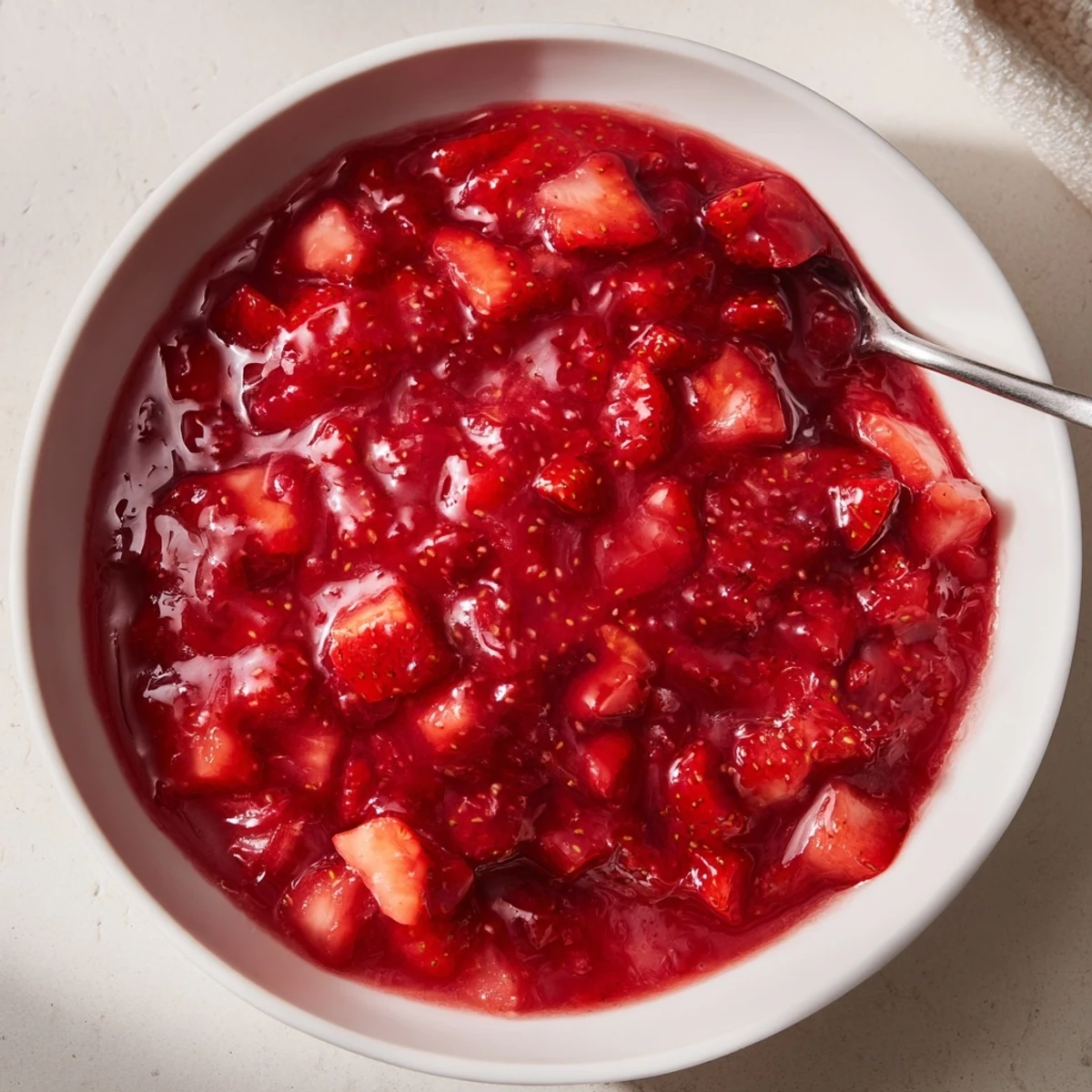 Glossy Strawberry Cake Filling Recipe simmering in saucepan, sweet and tart aroma, cooling.
