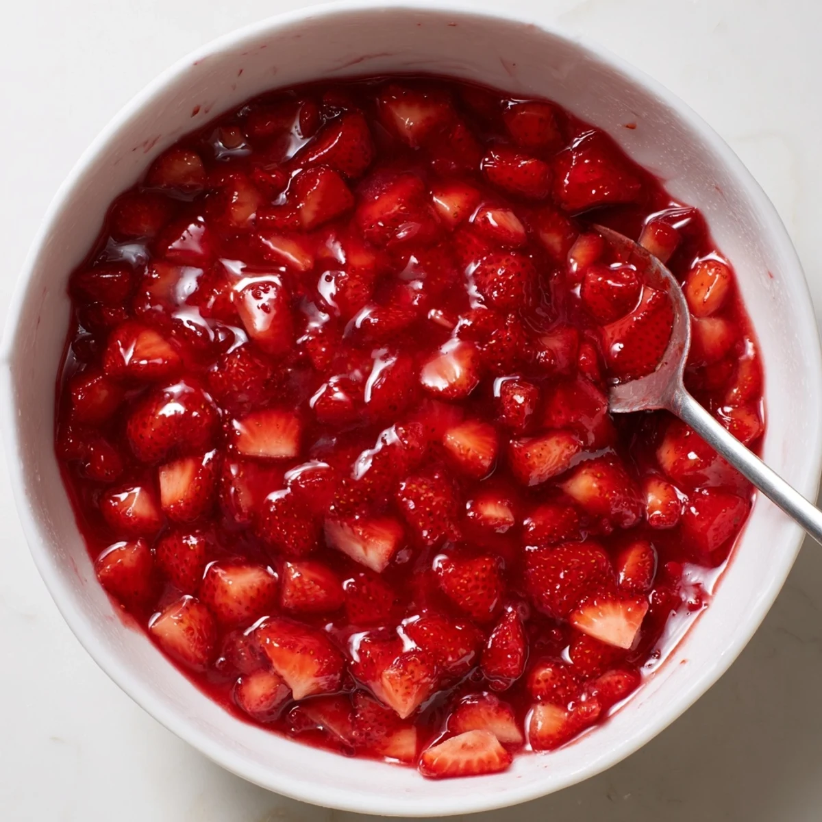 Chilled Strawberry Cake Filling Recipe spooned into cupcakes, vibrant red, slightly glossy.