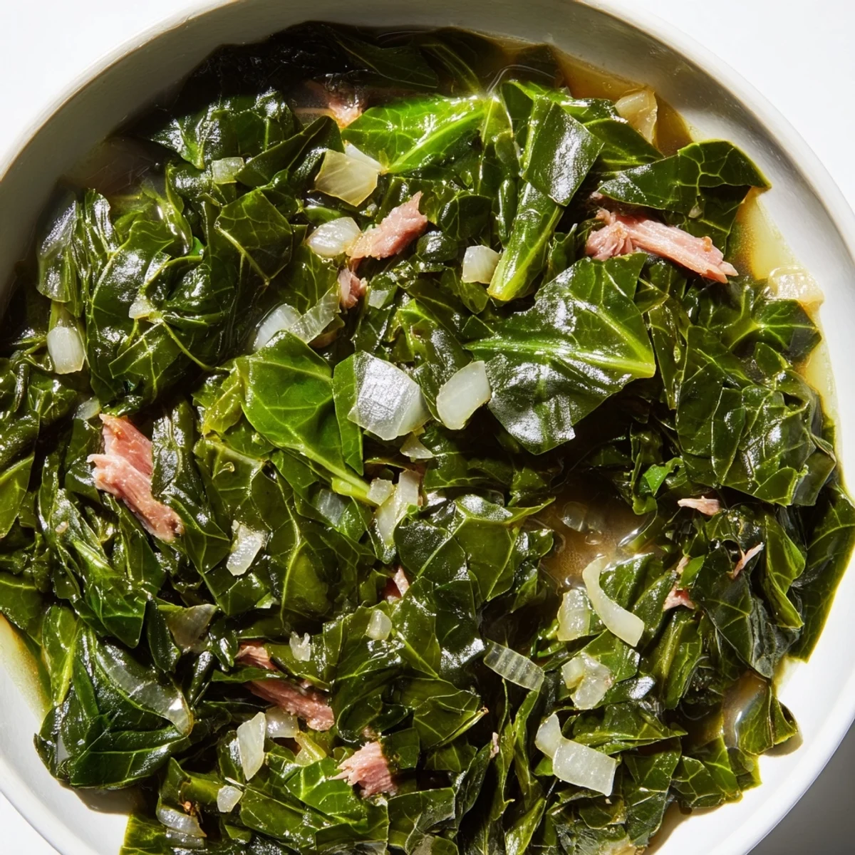 Slow-cooked Southern collard greens simmered in a flavorful broth with tender smoked meat and aromatic vegetables.