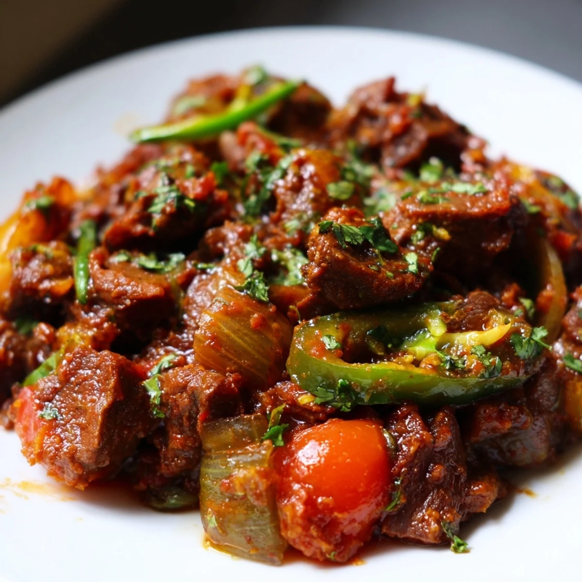 Savory Kenyan goat wet fry served steaming hot over fluffy white rice with fresh herbs