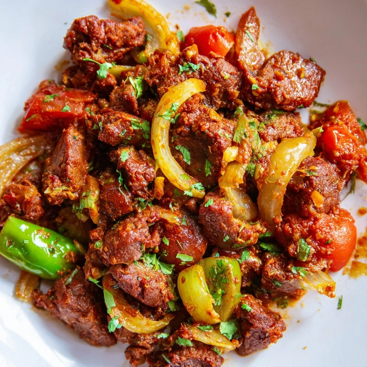 Glossy Kenyan goat wet fry featuring braised meat pieces in aromatic spiced gravy with cilantro