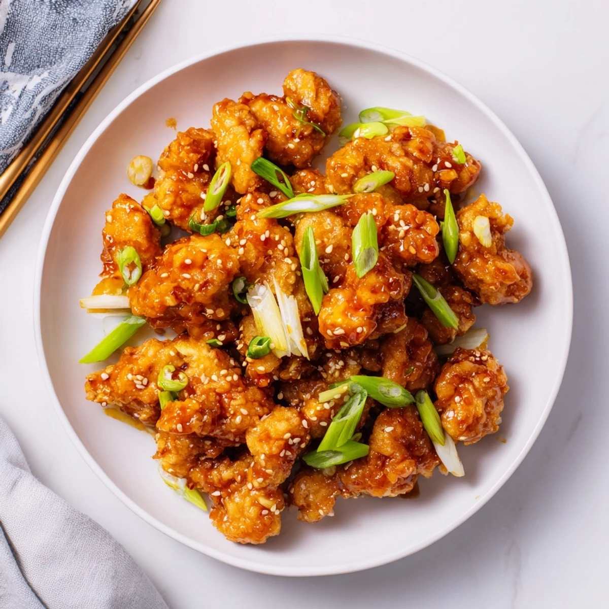 Golden orange chicken pieces coated in glossy citrus glaze with sesame seed garnish