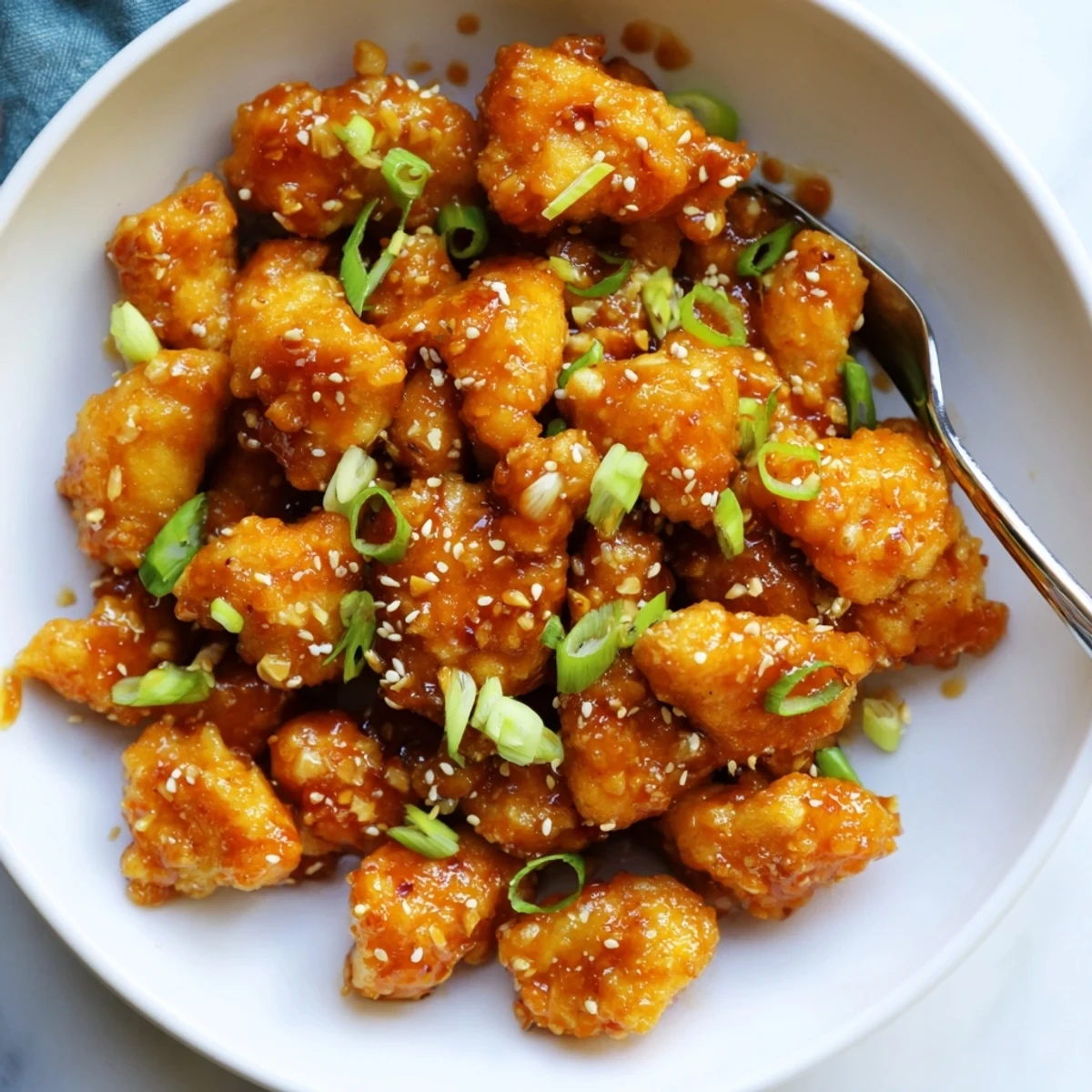 Chinese-American orange chicken dish with caramelized glaze and fresh green onion topping
