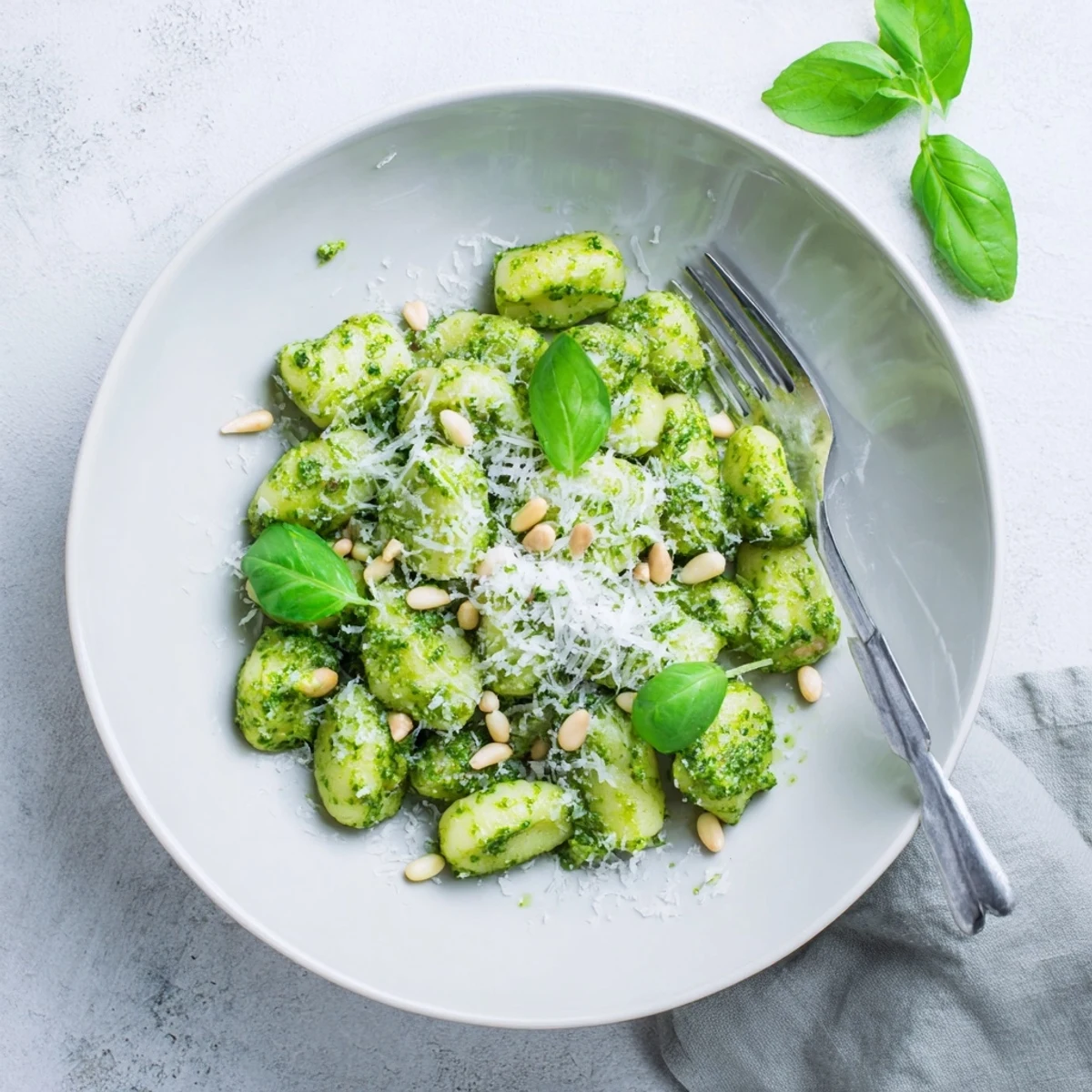 Golden potato dumplings tossed with fresh basil pesto and grated Parmesan