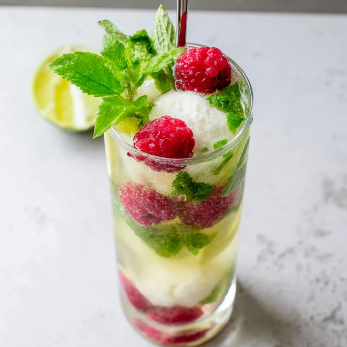 Raspberry Mint Mojito Rebel Float with vanilla ice cream scoops floating in fizzy raspberry soda