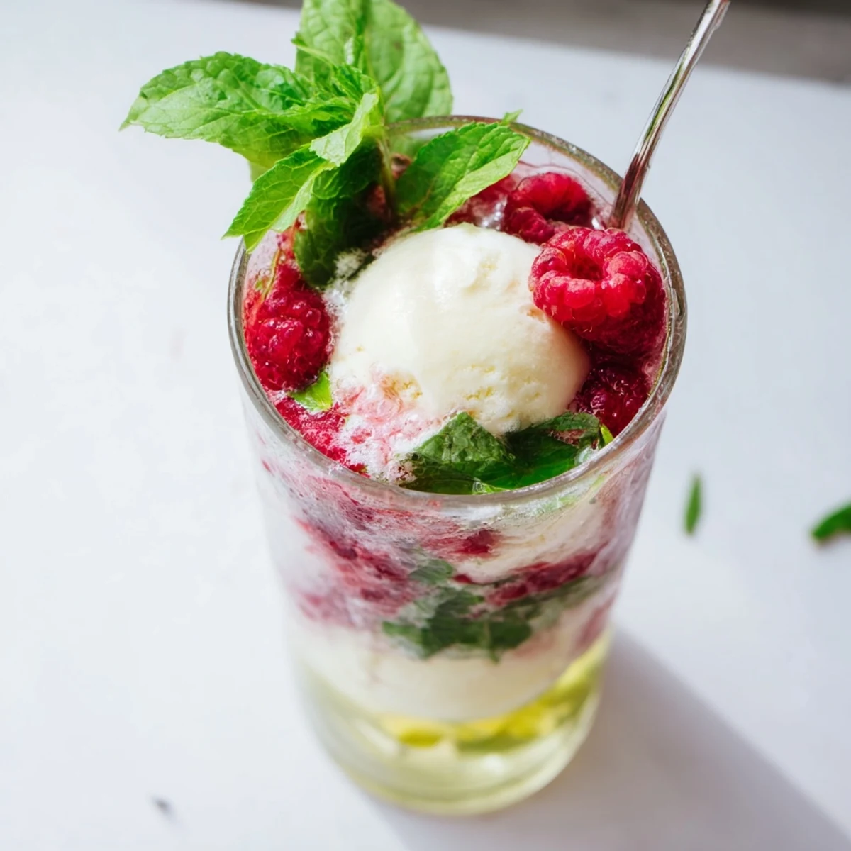 Tall glass of Raspberry Mint Mojito Rebel Float garnished with fresh mint leaves and raspberries