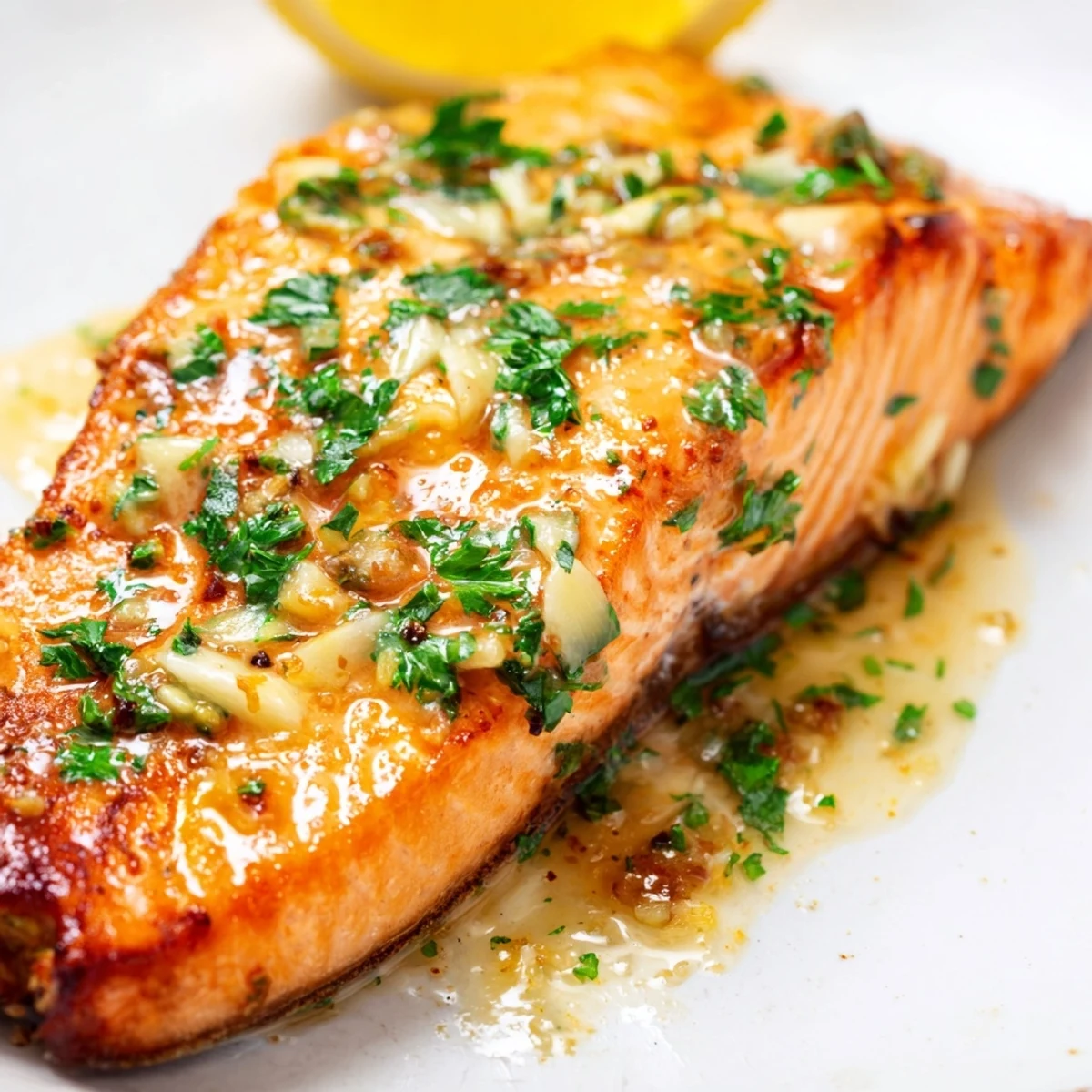 Golden pan seared salmon fillets with crispy skin drizzled in melted garlic butter sauce