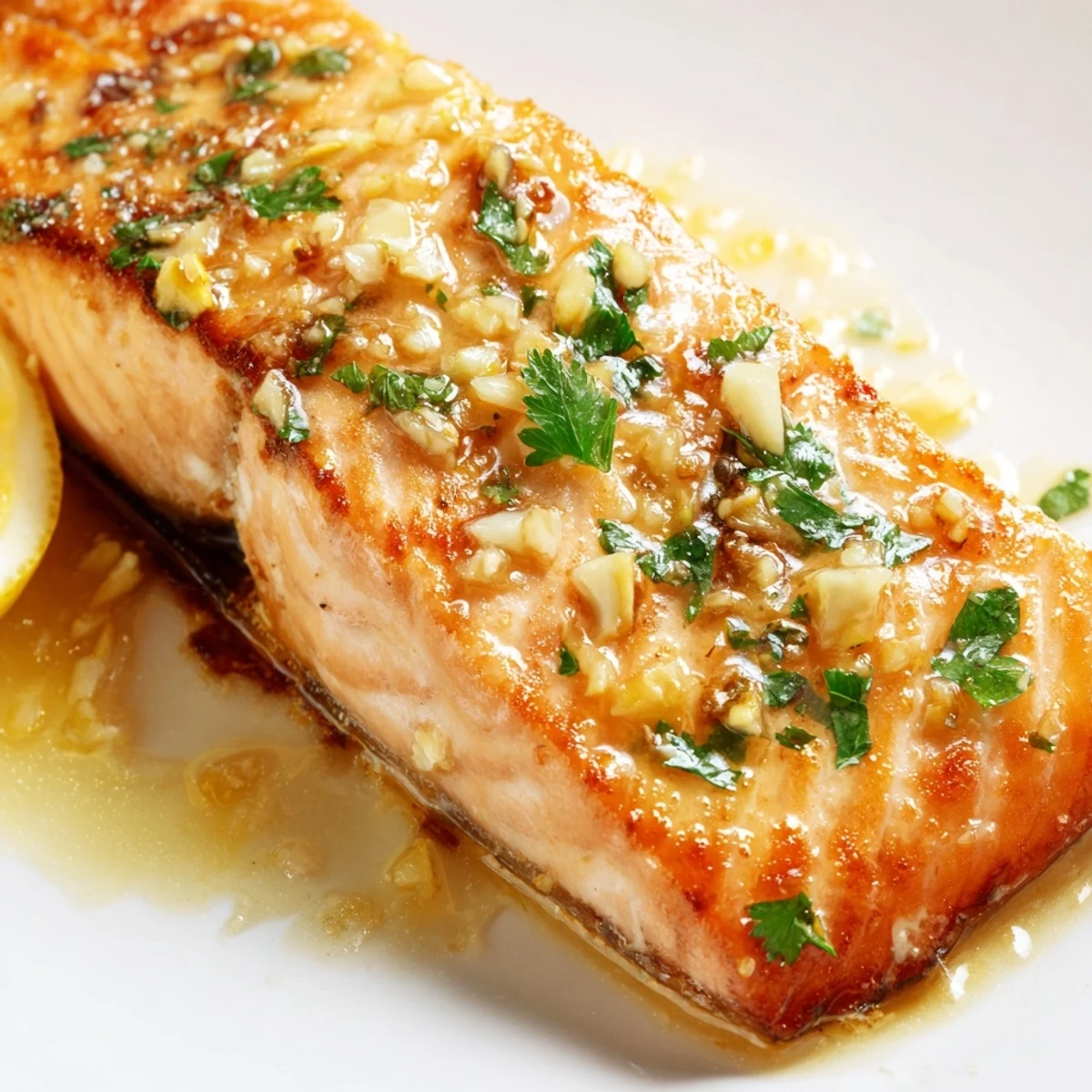 Restaurant style pan seared salmon finished with rich garlic butter sauce and lemon wedges