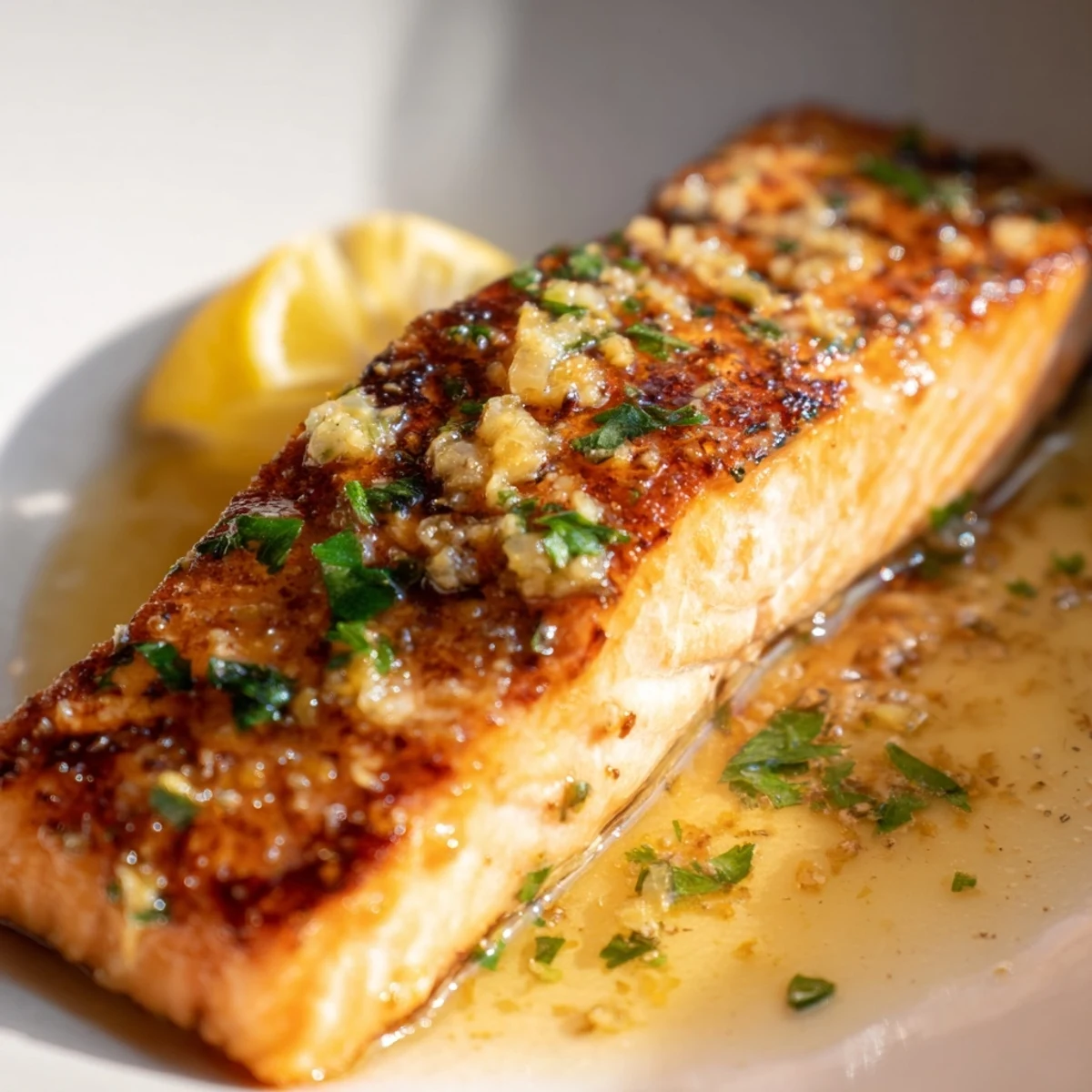 Crispy skinned salmon topped with glossy garlic butter and fresh parsley on white plate