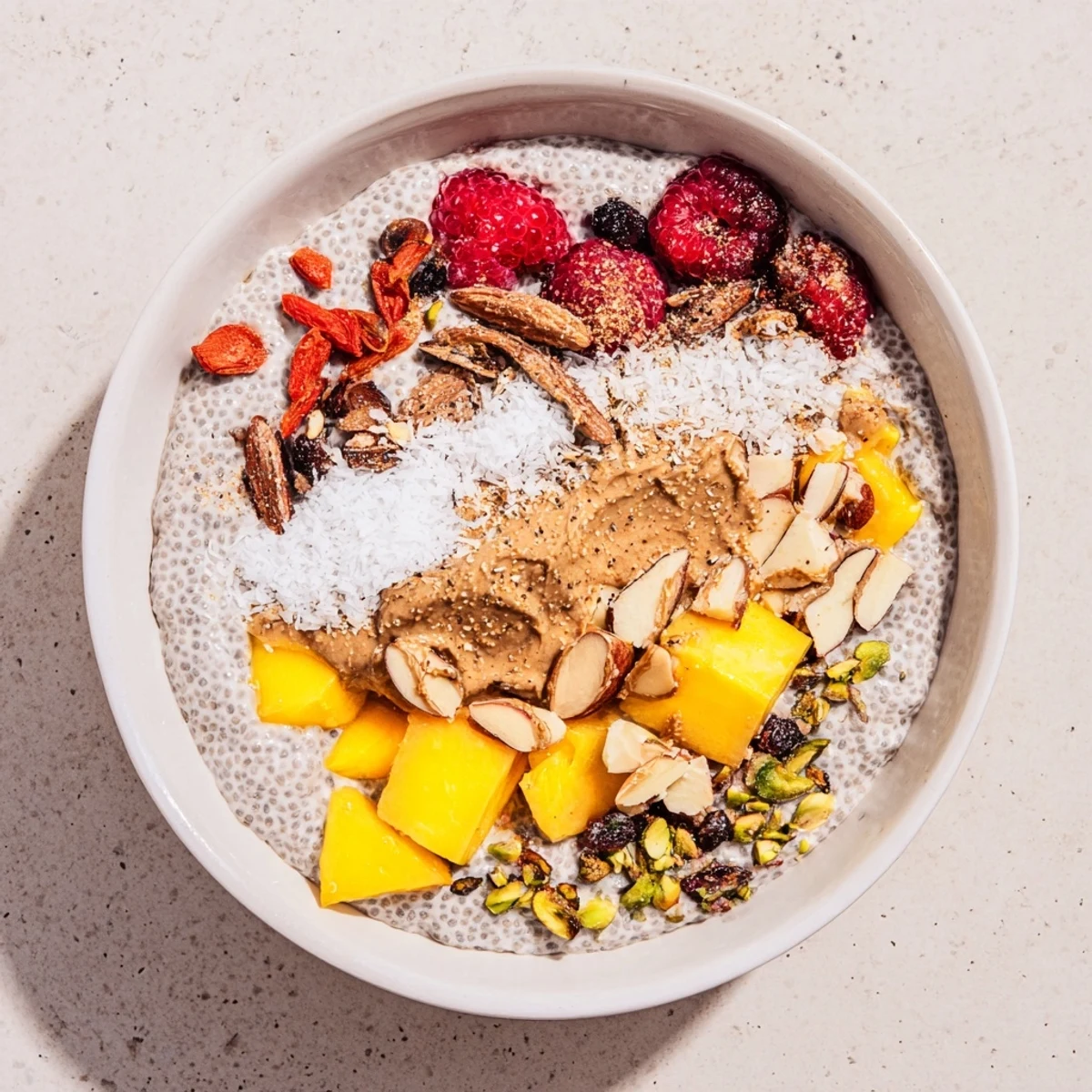 Creamy chia pudding recipes topped with fresh mixed berries and coconut flakes in glass jars