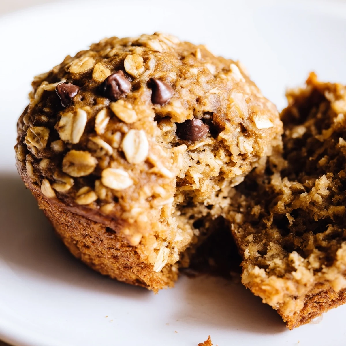 Freshly baked golden banana oatmeal muffins topped with oats on a wooden board