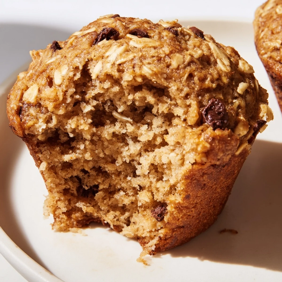 Stack of warm banana oatmeal muffins with oats sprinkled on white serving plate
