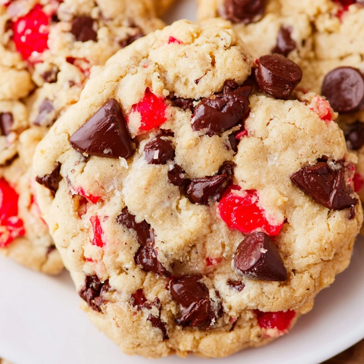 Freshly baked maraschino cherry chocolate chip cookies with gooey melted chocolate and bright red cherry pieces