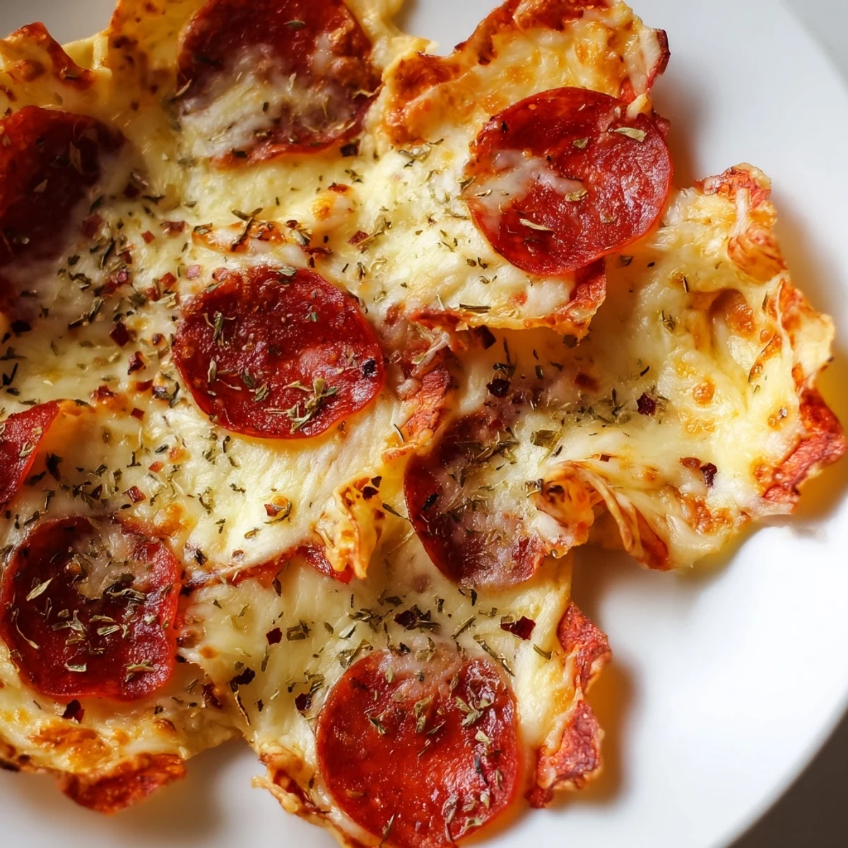 Golden baked pepperoni slices topped with bubbly melted cheddar and mozzarella cheese