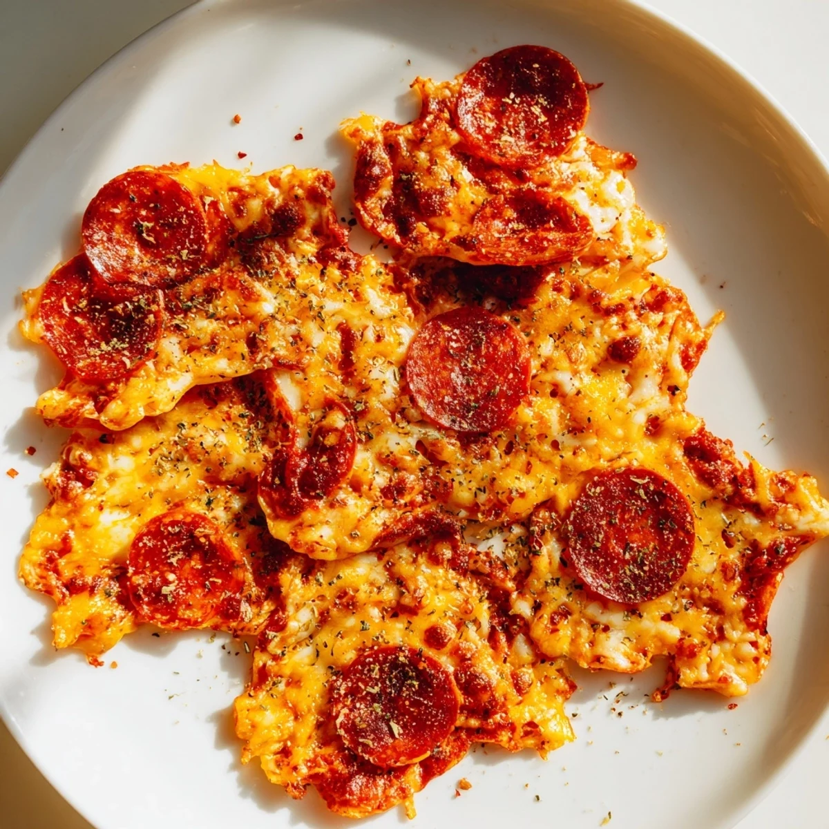Crispy pepperoni cheese chips arranged on a white serving platter with herbs