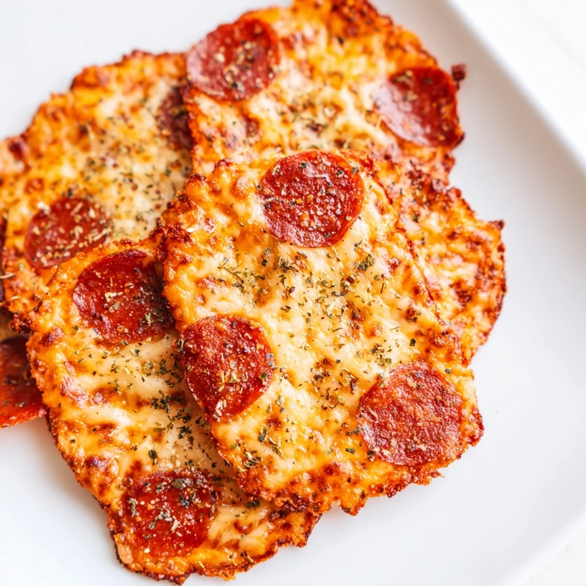 Low-carb snack featuring baked pepperoni cups filled with melted shredded cheese topping