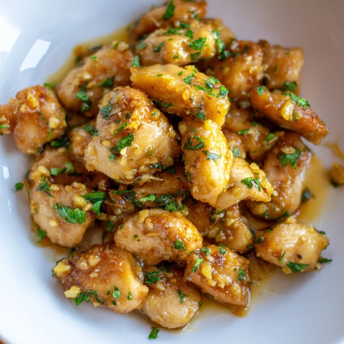 Tender pan-fried chicken pieces coated in rich buttery garlic sauce with herbs