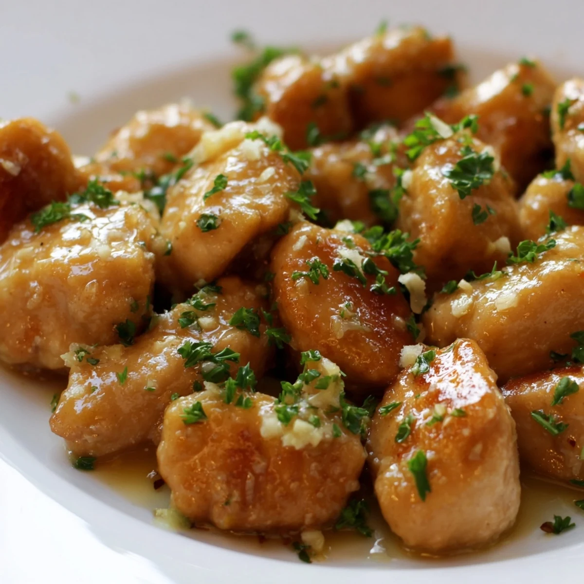 Golden garlic butter chicken bites sizzling in a skillet with fresh parsley garnish