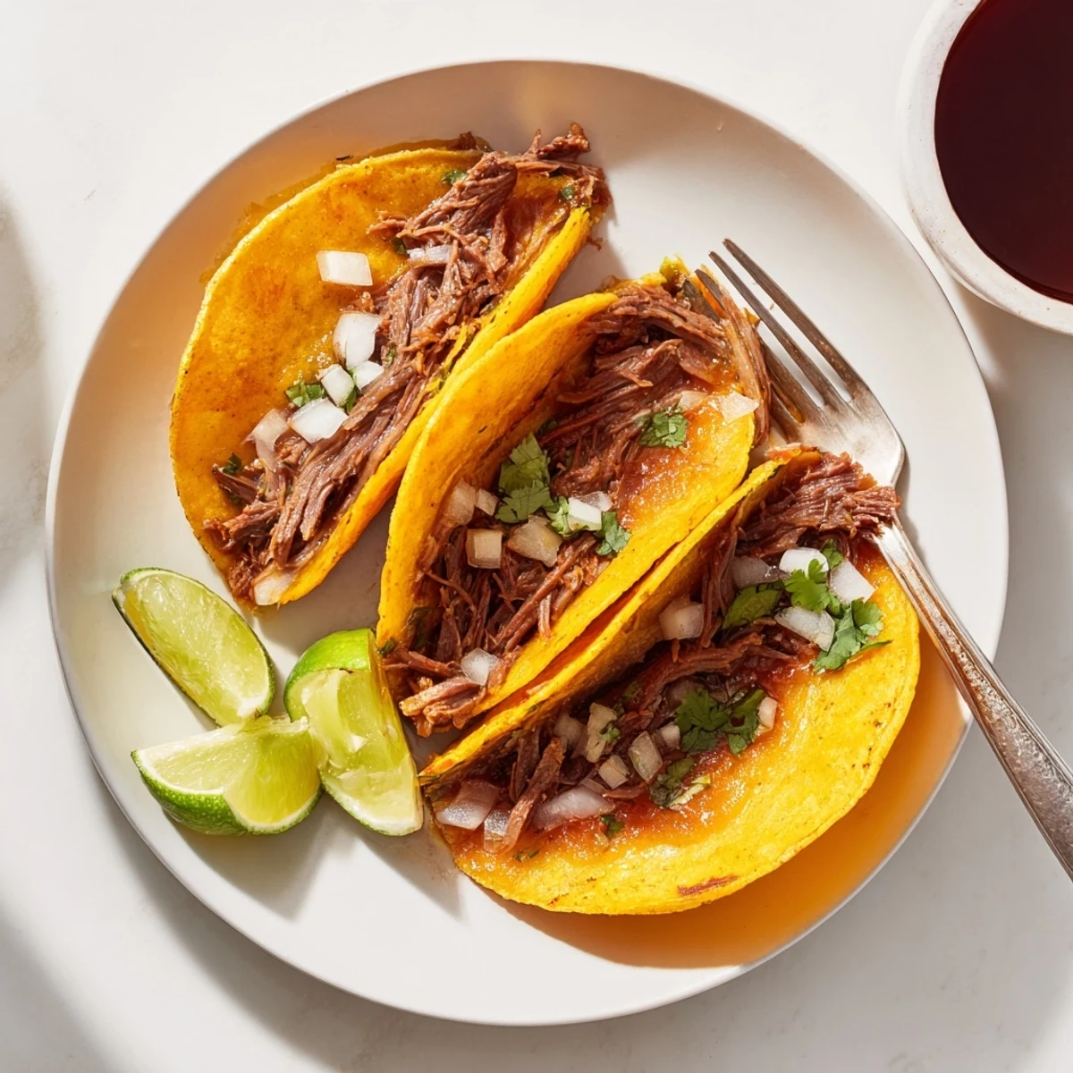 Authentic Mexican Birria Tacos served alongside rich dipping broth with lime wedges