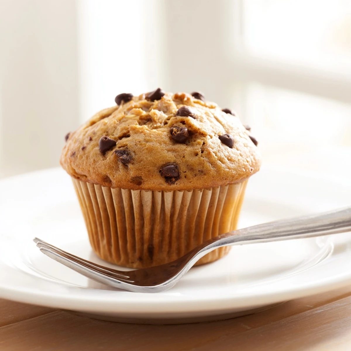 Golden Peanut Butter Banana Muffins topped with melting chocolate chips on a rustic wooden board