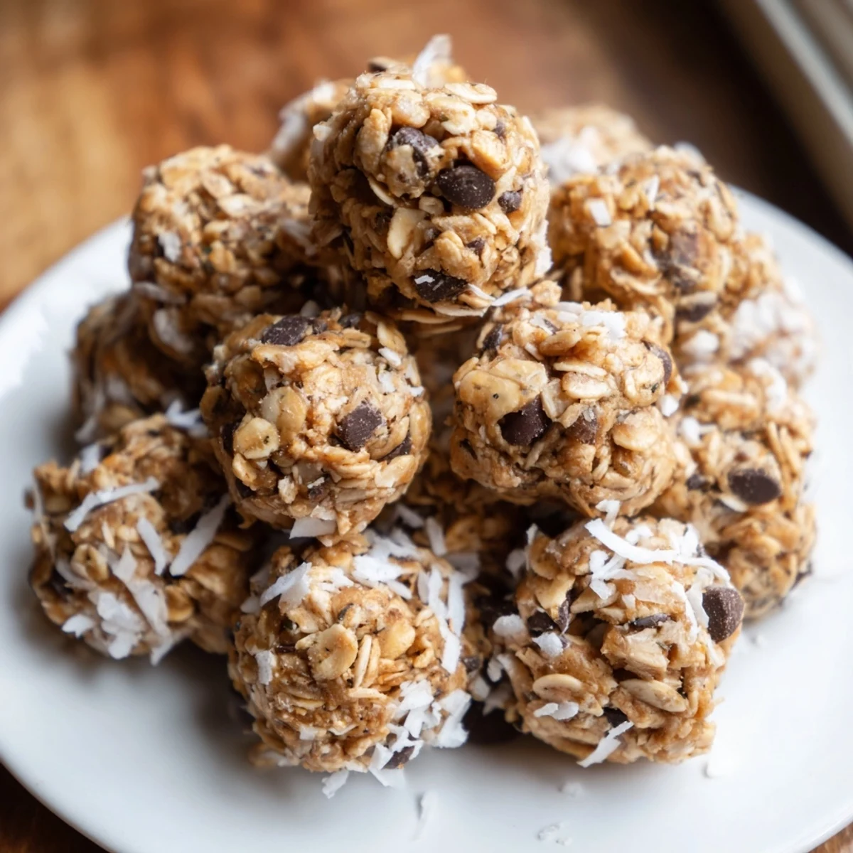 Homemade peanut butter energy balls rolled with oats and dark chocolate chips on a white plate