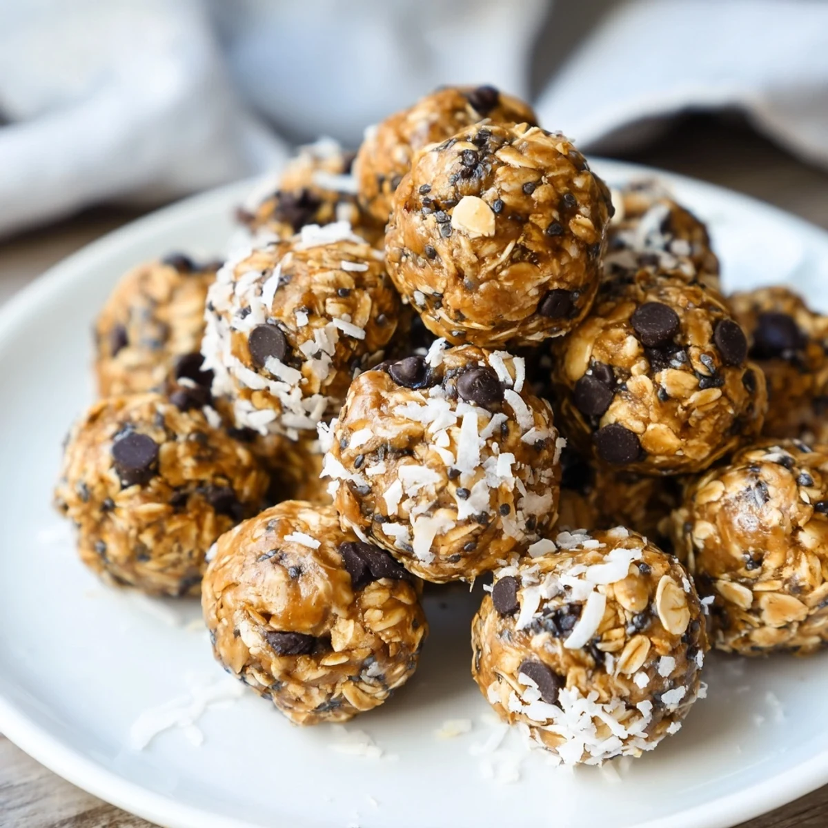 No-bake peanut butter energy balls made with oats honey and chocolate chips on parchment paper