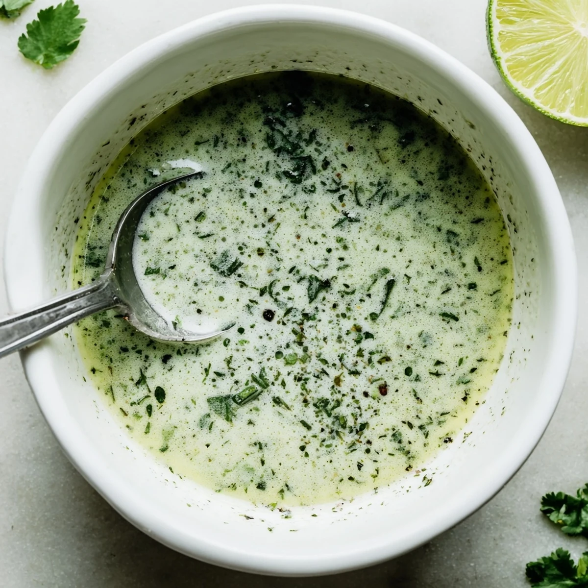 Blender full of Cilantro Lime Fresh Dressing, garlicky aroma and vibrant color