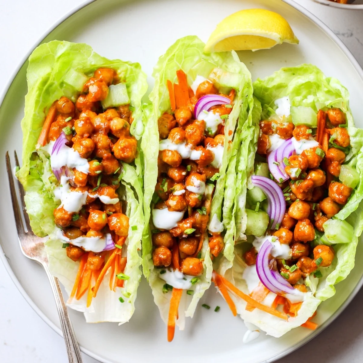 Buffalo Chickpea Lettuce Wraps piled on platter with creamy ranch drizzle