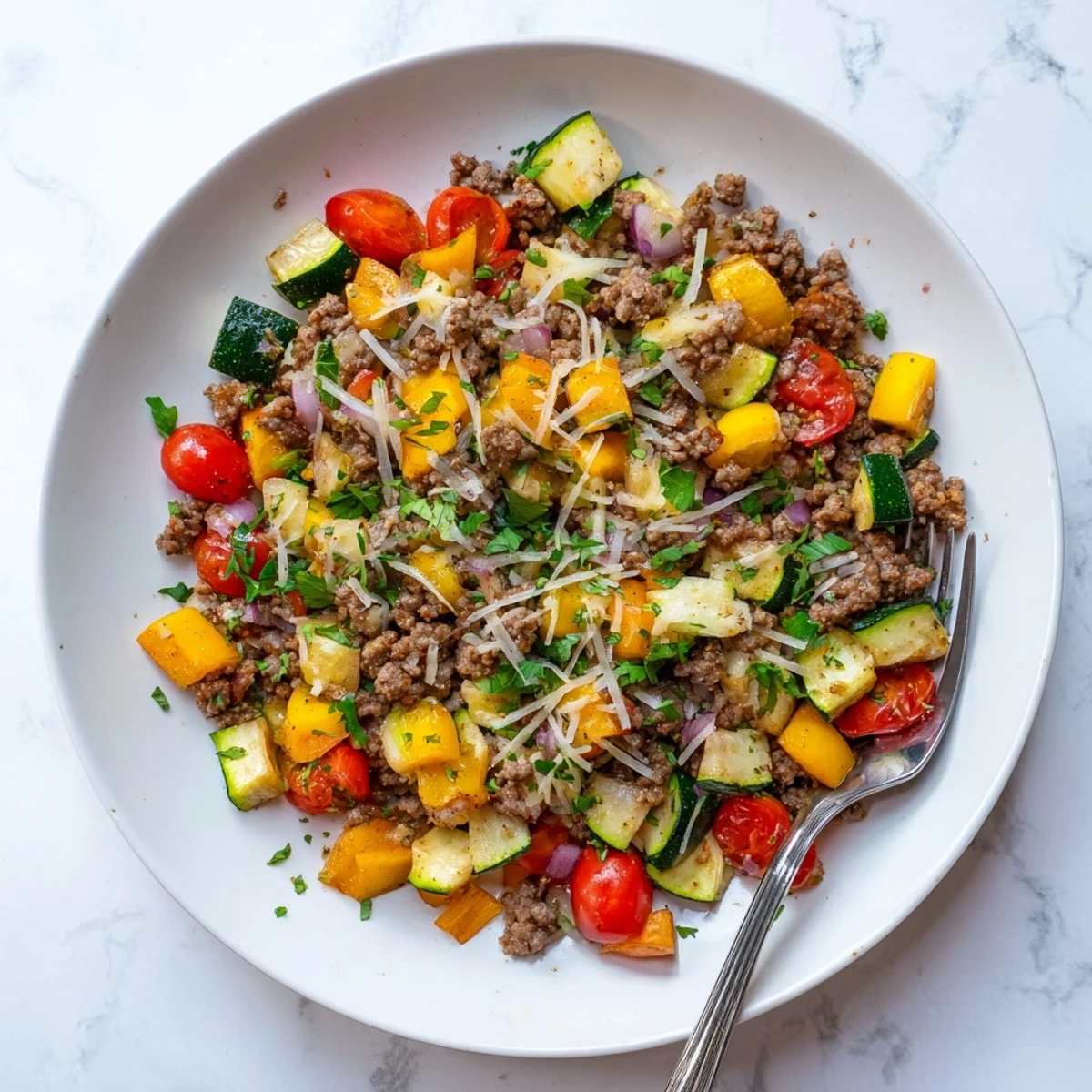 Golden ground beef zucchini skillet with tomatoes melted cheese garnished with fresh parsley in a cast iron pan