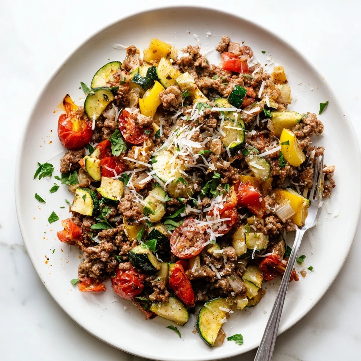 Hearty ground beef zucchini skillet featuring tender vegetables savory herbs bubbling in one pan for easy weeknight dinners