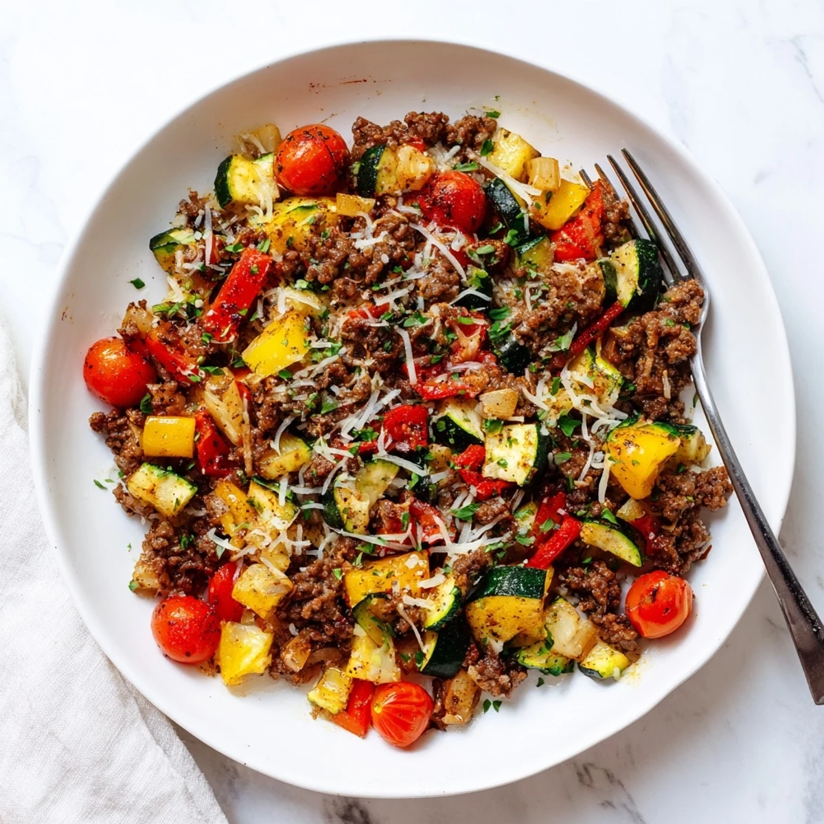 Sizzling ground beef zucchini skillet topped with melted parmesan cheese and colorful red bell pepper slices ready to serve