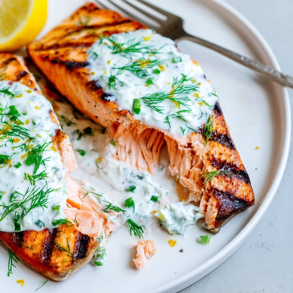 Lemon herb grilled salmon served on a white plate with refreshing yogurt cucumber dill sauce garnish