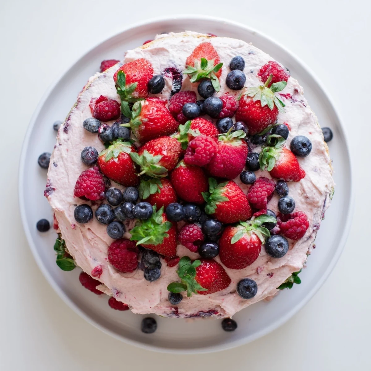 Basil berry cake displaying colorful berries swirled into white basil frosting on a rustic serving plate