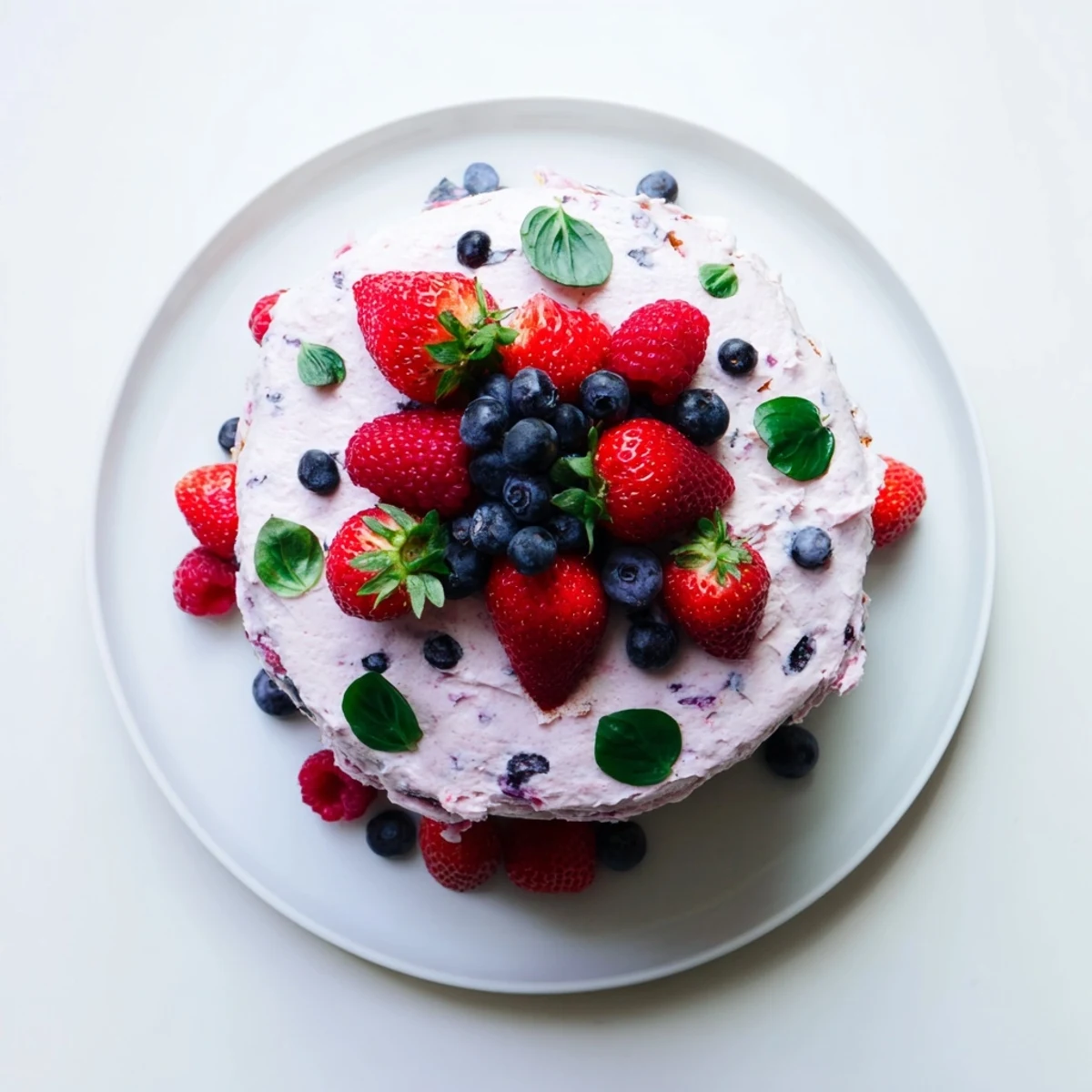 Slice of basil berry cake topped with fluffy frosting and decorated with fresh mixed berries and small basil leaves