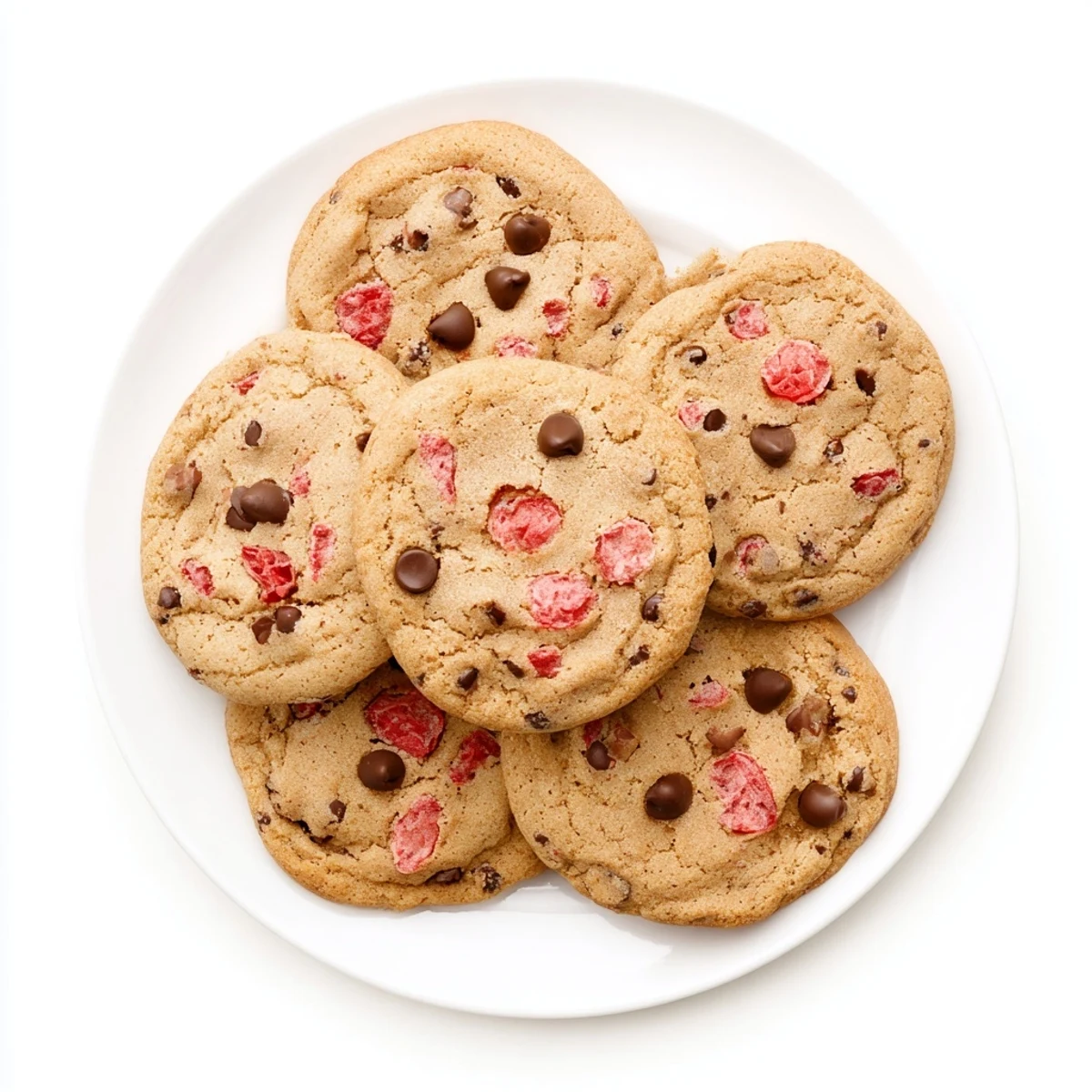 Golden brown maraschino cherry chocolate chip cookies stacked on a white plate, showing colorful cherry bits throughout the dough