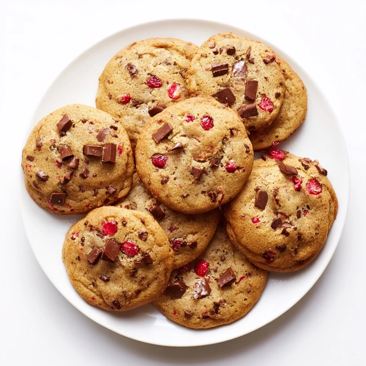 Soft chewy maraschino cherry chocolate chip cookies cooling on a wire rack, studded with bright red cherries and chocolate chips