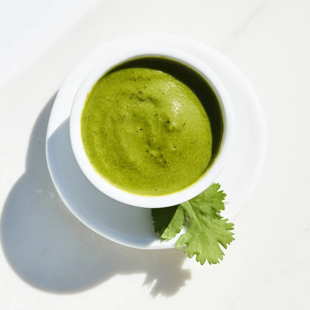 Vibrant bright green Peruvian aji verde sauce drizzled over roasted chicken and vegetables